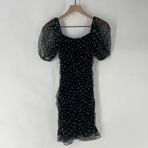 H&M Black & White Polka‎ Dot Mesh Puff Sleeve Ruffle Trim Ruched Mini Dress XXS thumbnail 10