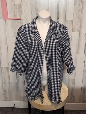 Denim & Co Navy Blue Gingham Plaid Button Up Blouse Womens Plus Size 1X Ruffle H thumbnail 1