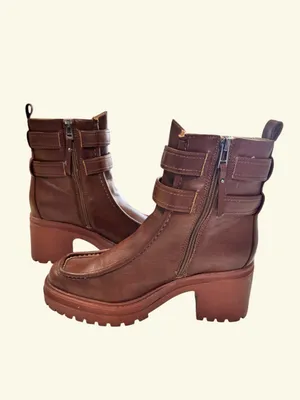 Sam and Libby Brown Double Strap Floral Buckle Chunky Block Heel Boots 9.5M thumbnail 6