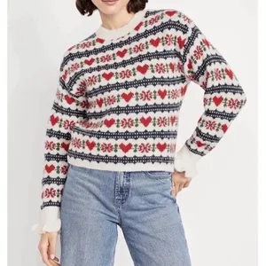 Loose Crew-Neck Wool-Blend Cropped Sweater Old Navy Large hearts Oversized thumbnail 2