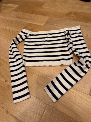 Edikted Navy and White Striped Off-Shoulder Crop Sweater thumbnail 2