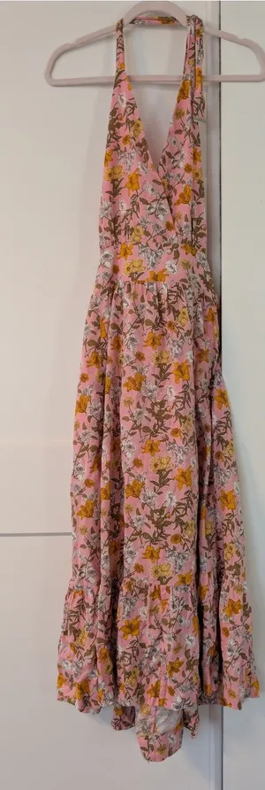 GB Made & Crafted Pink Floral Halter Maxi Dress Smocked Back Tiered Sun Dress thumbnail 1