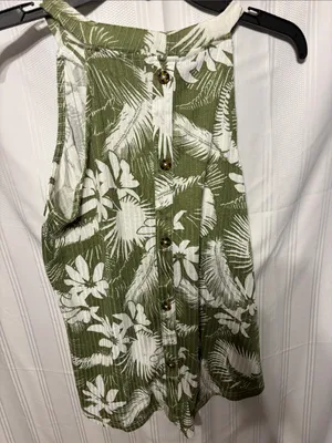 Olive Green Tropical Halter Tank with White Leaf Print Size M thumbnail 4
