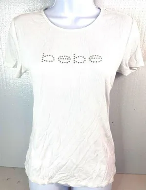 bebe M Spellout Ribbed Short Sleeve Circle Neck Top - Stark White thumbnail 1