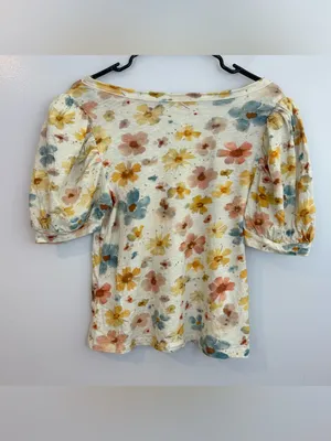 Anthropologie Wide Neck Short Puff Sleeve Pastel Cotton Floral Top Size Medium thumbnail 9