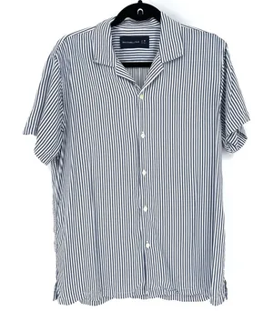 Abercrombie & Fitch Medium Viscose Navy Blue White Striped Camp Shirt EUC Office thumbnail 1