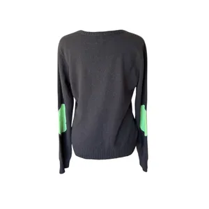 Boo Gemes Chocolate Brown Cashmere Sweater Green Elbow Patch V Neck Womens Large thumbnail 2