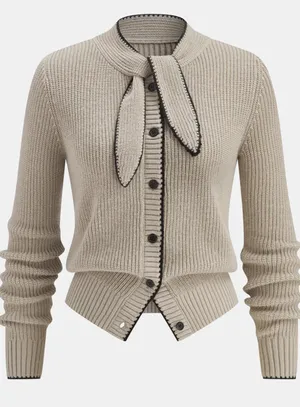 Commence Tie Neck Contrast Trim Wool Blend Cardigan thumbnail 1