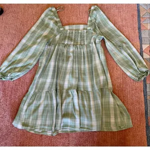SO Goods For Life Green Plaid Long Sleeve Tiered Mini Dress Cottagecore thumbnail 8