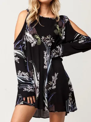 Free People asymmetrical floral print Black Floral Cold-Shoulder Tunic Size S thumbnail 1