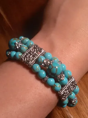 Blue Howlite Three Row Beaded Silvertone Stretch Bracelet thumbnail 9