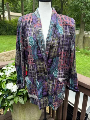Blazer Glory VTG Purple Blue Black Floral Rayon/Acetate Blazer Sz S 9654 thumbnail 1
