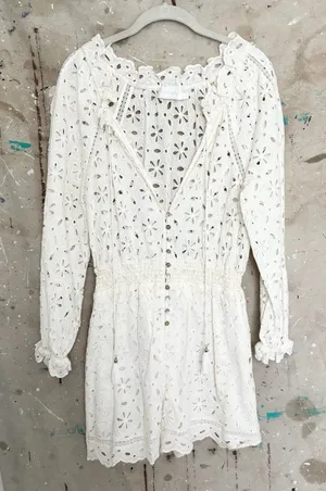 Zimmermann White Eyelet Lace Long Sleeve Romper thumbnail 1