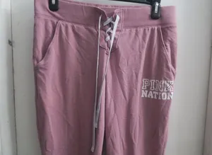 PINK Victoria's Secret shoelace front leggings pink nation on left leg drawstring in pink and white size medium. thumbnail 2