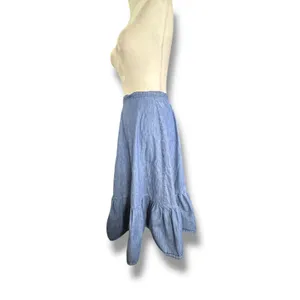 Handmade‎ Chambray Ruffle Hem Flowing Midi Skirt Western Boho Romantic Denim Blue thumbnail 4