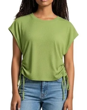 Wilfred Aritzia Ruched Side Tie Top Womens Size‎ S Lime Green Ribbed Cap Sleeve thumbnail 1