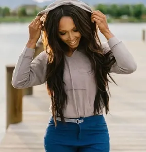 Zyia Active heathered gray Athleisure asymmetrical boyfriend hoodie thumbnail 1