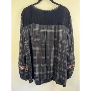 Style & Co Blouse Womens XL Plaid Embroidered Boho Peasant Tassel Velvet Top thumbnail 5