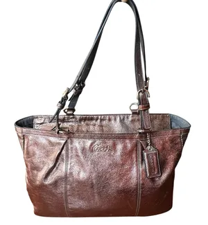 Coach Tote Bag Womens Large Bronze Metallic Leather Zip Shoulder Purse Charm thumbnail 1