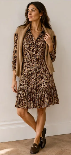 J.Crew Leopard Print Shirt Dress Pleated Hem Long Sleeve Brown Black Size M thumbnail 1