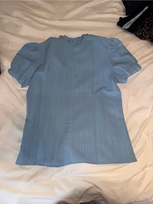 Light Blue Puff Sleeve Ruffle Neck Women's Top thumbnail 2
