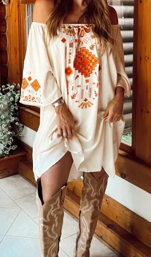 Lucky‎ & Blessed Cream Embroidered Off Shoulder Boho Western Dress Medium DR007 thumbnail 1