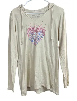 Life is Good Heart Daisy Long Sleeve Crusher-Lite Hooded Tee Medium thumbnail 1