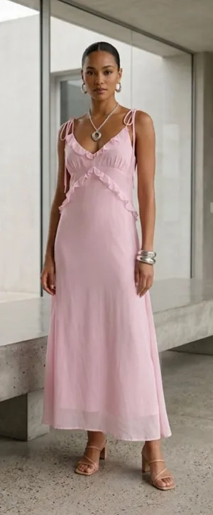 Cider Pink Ruffle Maxi Dress Chiffon Cottagecore Coquette Tie Shoulder Size XL thumbnail 1