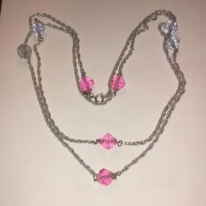 Sarah Coventry Vintage Silver Tone Pink & Blue Beaded Boho Necklace thumbnail 1