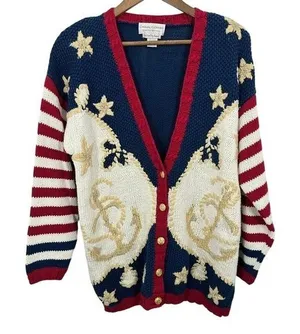 Vintage Nautical‎ Anchor Star Striped Chunky Knit Cardigan Sweater 90s Teacher thumbnail 1