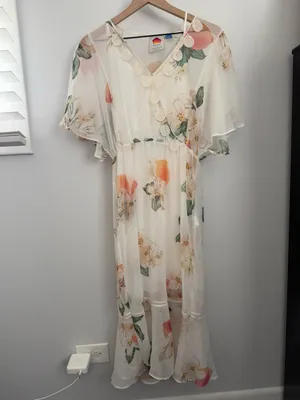 Farm Rio Small Elosia Floral Dress White Ivory Summer Sheer Boho Bridal Swing thumbnail 2