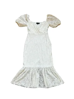 Michael Costello Revolve Cream Lace Midi Dress Puff Sleeve Ruffle Hem Feminine thumbnail 2