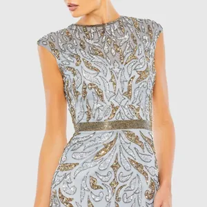 Mac Duggal Size 12 Silver Gray Gold Beaded Cap Sleeve Column Gown Maxi Dress thumbnail 4
