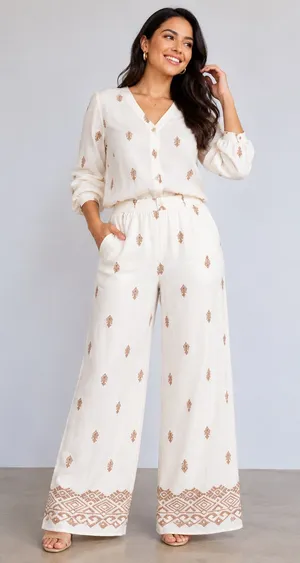 NWT Cream Aztec Print V-Neck Top & Wide Leg Pants Set M thumbnail 1
