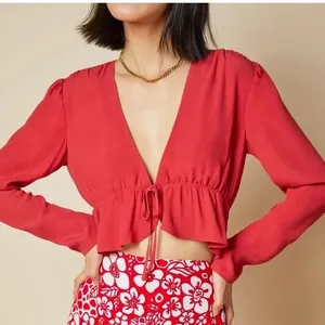 Aritzia Red Deep V-Neck Tie Front Long Sleeve Ruffle Peplum Crop Top Blouse Sz S thumbnail 1