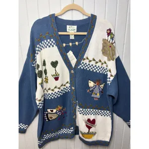 Quacker Factory Blue Garden Angel Embroidered Cardigan Sweater‎ 2X Heart Buttons thumbnail 2
