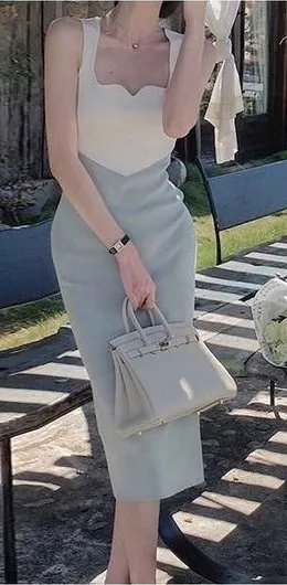 Knit Color Block Midi Dress White Blue‎ Sweetheart Neck Sleeveless Sheath Dress thumbnail 1