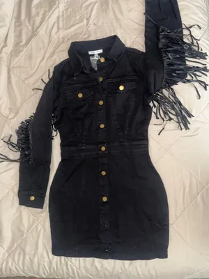 Black denim button-up dress with faux leather fringe thumbnail 1