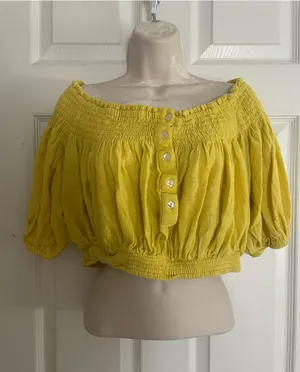 Free People Yellow Off-Shoulder Smocked Button-Front Crop Top thumbnail 1