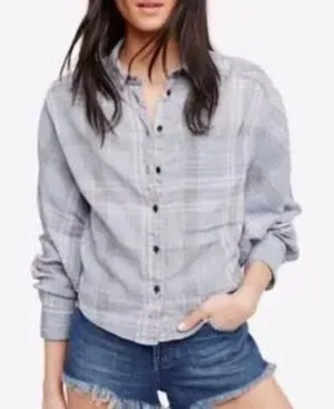 Free People Women Top Sz XS Blue Cutie Plaid‎ Button Down Oversized Bohemian thumbnail 1
