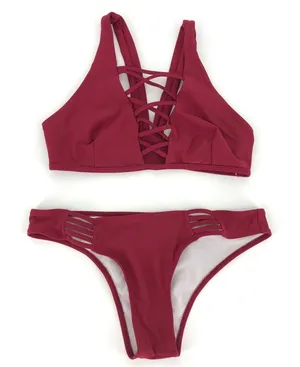 Strappy Criss Cross Bikini‎ Set Maroon Size S Red thumbnail 1