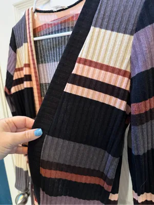 Striped Open-Front Ribbed Cardigan in taupe, Gray & Pink thumbnail 3