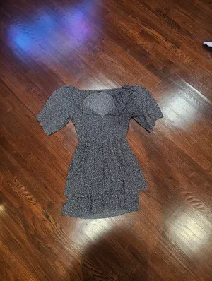 Smocked Square-Neck Mini Dress in Black and White thumbnail 2