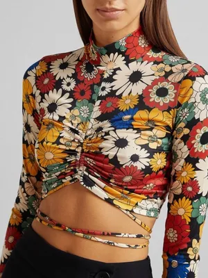 Bershka Floral Ruched Mock-Neck Long Sleeve Crop Top Tie Front Sz Med Retro thumbnail 1