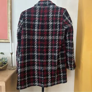 Zara Tweed Double Breasted Blazer Oversized Plaid Red Black Suit‎ Jacket Size XS thumbnail 6