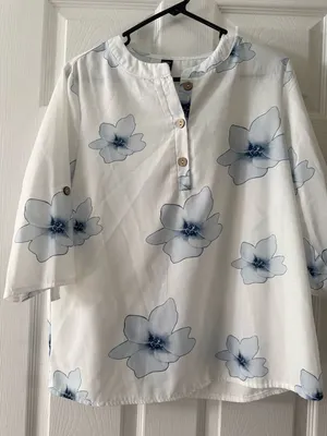 Floral Button-Up Blouse - White and Blue thumbnail 1
