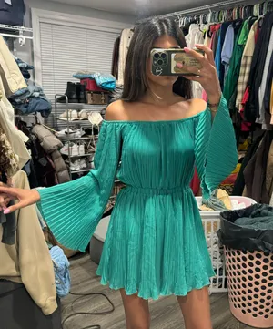 SheIn Turquoise Blue Off the Shoulder Pleated Romper Size XS thumbnail 1