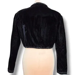 Vintage Black Velvet Bolero Cropped Jacket Beaded Trim Open Front Evening Shrug thumbnail 2