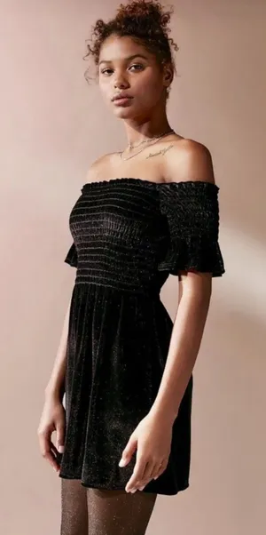 Urban Outfitters Clara Off-The-Shoulder Smocked Velvet Dress in Black thumbnail 1