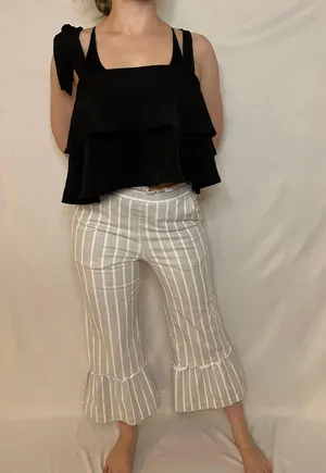 English Factory Gray Striped Ruffle Cropped Bell Bottom Linen Pants - XS thumbnail 4